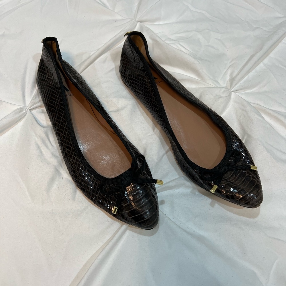 Deep Chocolate Brown Snakeskin Soft Bow Tie Ballet Flats Gold Hardware